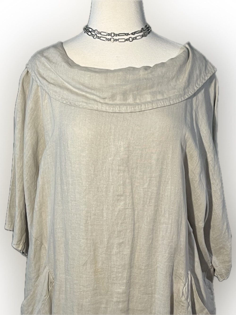 Zen Italian beige linen button up/back, regal collar/cowl dress w/pockets-NWT - Picture 2 of 16